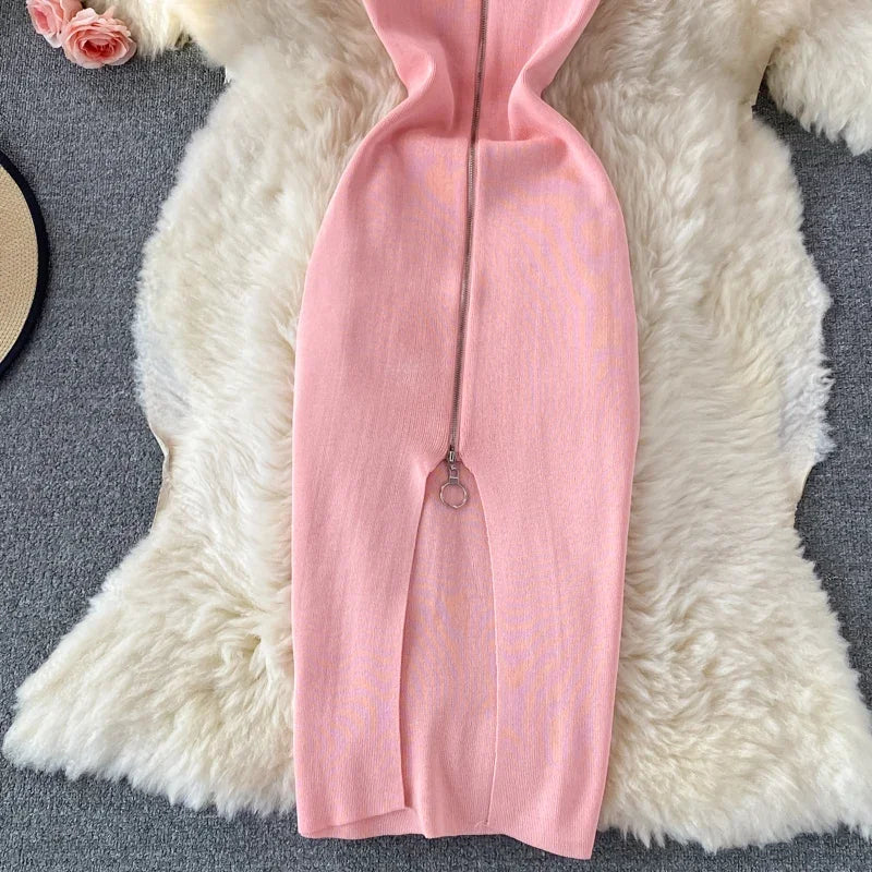 Zipple  2023 Sexy Summer Knit Strap Dress Women Tank Elatic Waist Bodycon Sundress Female Beach Split Backless Midi Dress