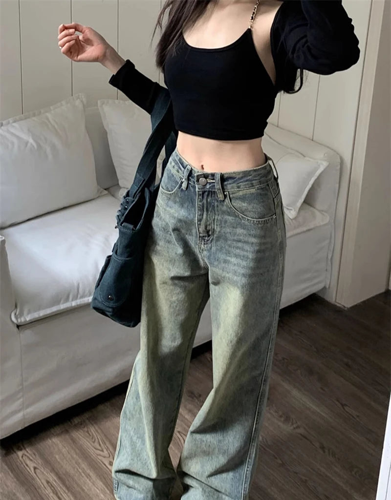 Retro Washed Vintage Jeans For Women In Autumn And Winter High Waisted Straight Leg Loose Wide Leg Pants Casual Pants