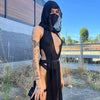 OMSJ Women Gothic 2024 Black Hooded Knitted High Split Long Dress Hollow Sexy See-through Straight Dress Festival Rave Club Wear