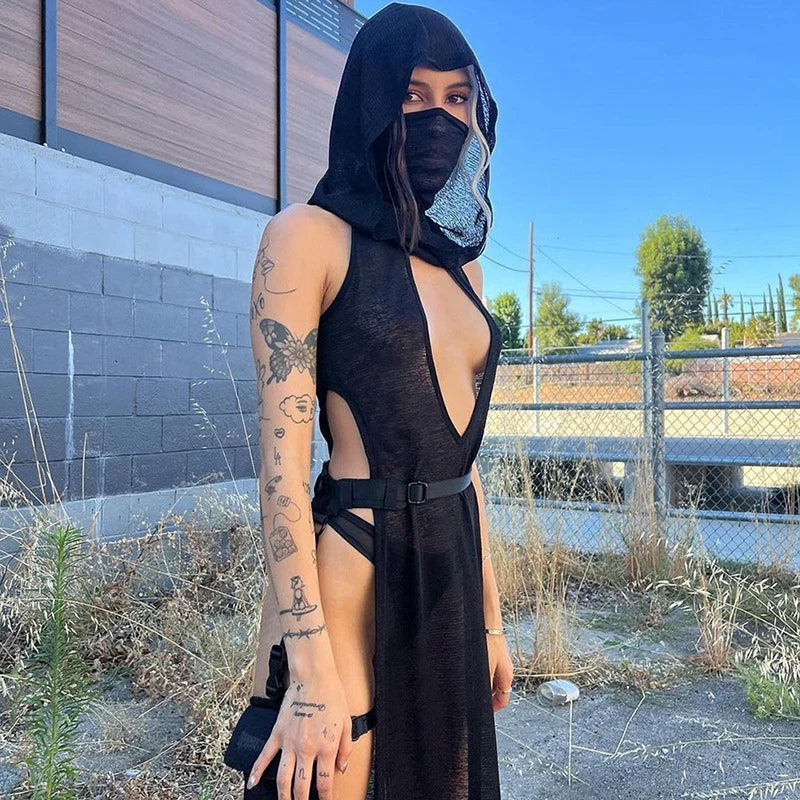 OMSJ Women Gothic 2024 Black Hooded Knitted High Split Long Dress Hollow Sexy See-through Straight Dress Festival Rave Club Wear