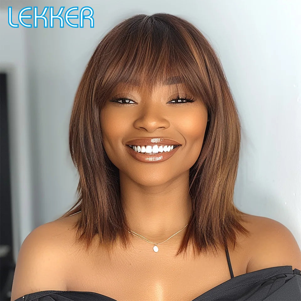 Lekker 12" Short Brown Wolf Cut Straight Bob Human Hair Wigs With Bangs For Women Brazilian Remy Hair Ready to Wear Glueless Wig