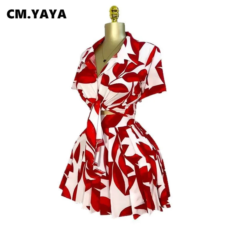 CM.YAYA Leaf Printed Women's Set Short Sleeve Bowknot Hem Blouse Shirt and Pleated Mini Skirts Suit 2023 Two 2 Piece Sets Outfit