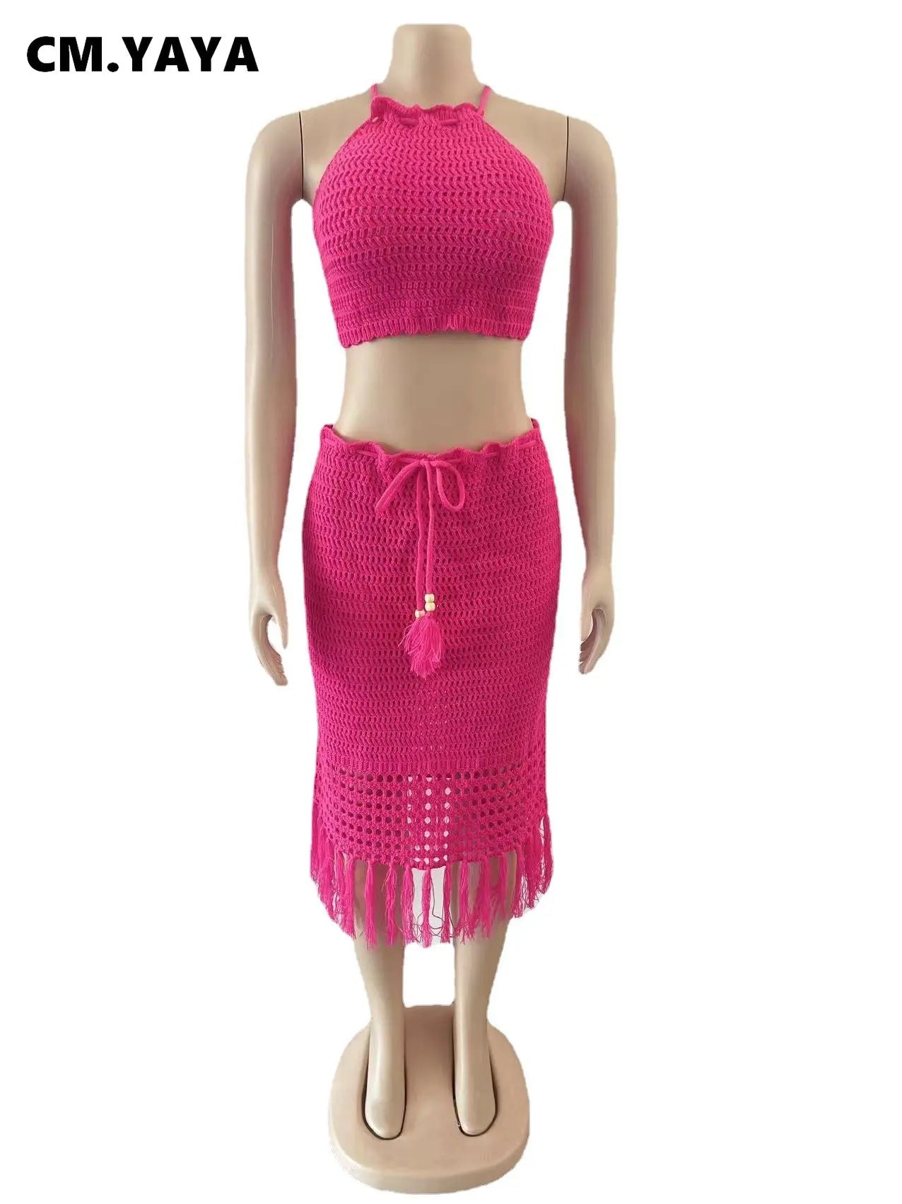 CM.YAYA Beach Knit See Though Women Two 2 Piece Set Outfits Halter Neck Crop Top and Tassel Midi Skirt Suit 2023 New Dress Set