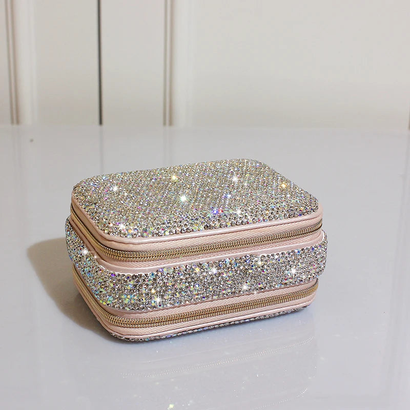 Diamond-set Double Zipper Jewelry Portable Storage Box With Mirror Ring Earrings Necklace Rhinestones Case Lipstick Makeup
