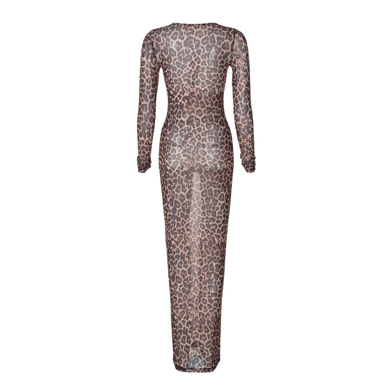 Dress Summer Women Leopard Print Mesh O Neck Long Sleeve Sexy See Through Maxi  Fashion Outfits Beach Vacation Nightclub