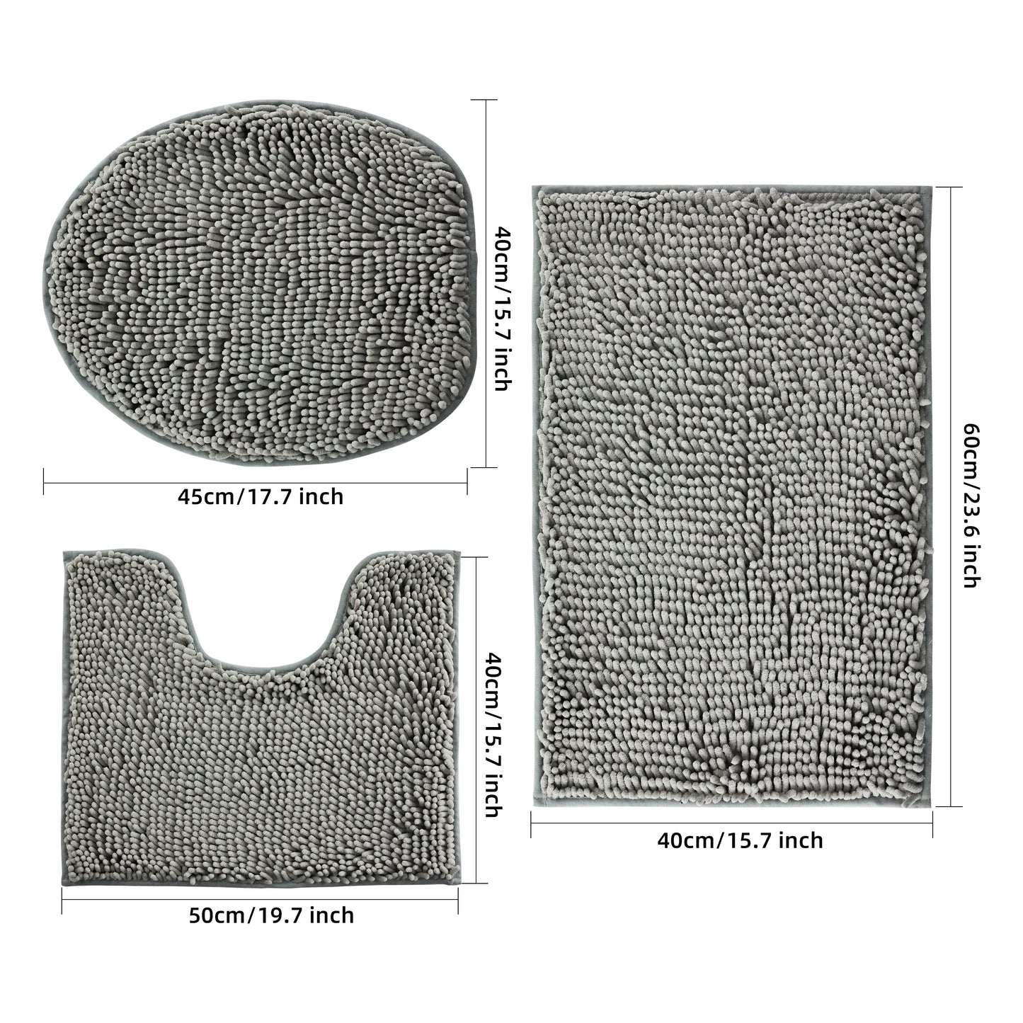 3-piece bathroom chenille floor mat, absorbent anti slip bathroom carpet, bathroom U-shaped foot mat, toilet lid, TPR anti slip