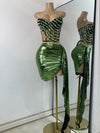 Sparkly Red Diamonds Asymmetrical Two Pieces Dress Design 2025 Women Sexy Strapless Top Skirt Suits Dance Performance Outfit