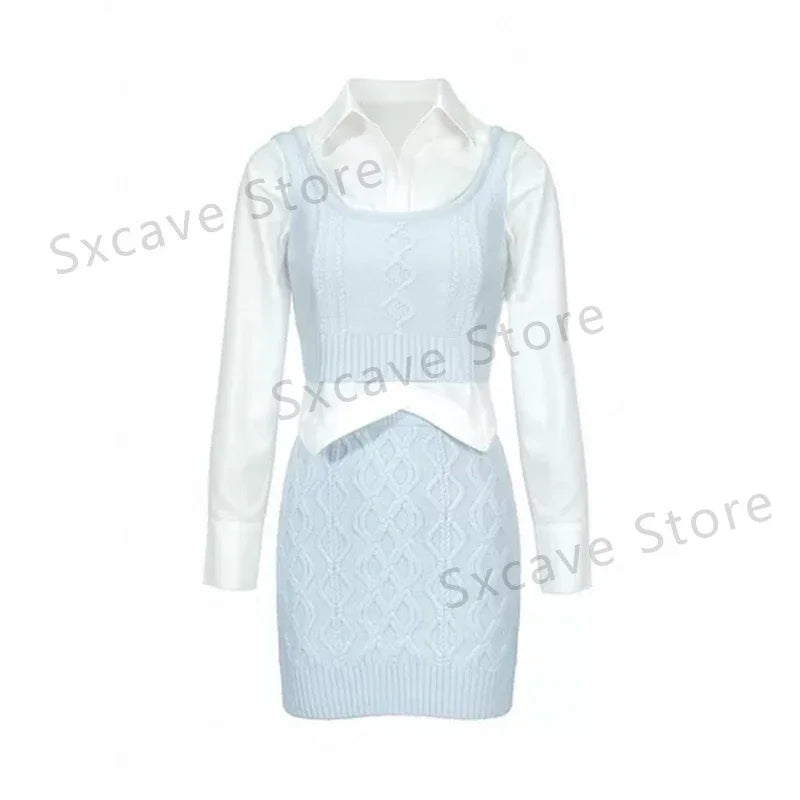 Spring Elegant Vintage Knitted Suits Women Even Party Clothing Korean 3 Piece Dress Set Office Lady Sweater Vest + Mini Skirt