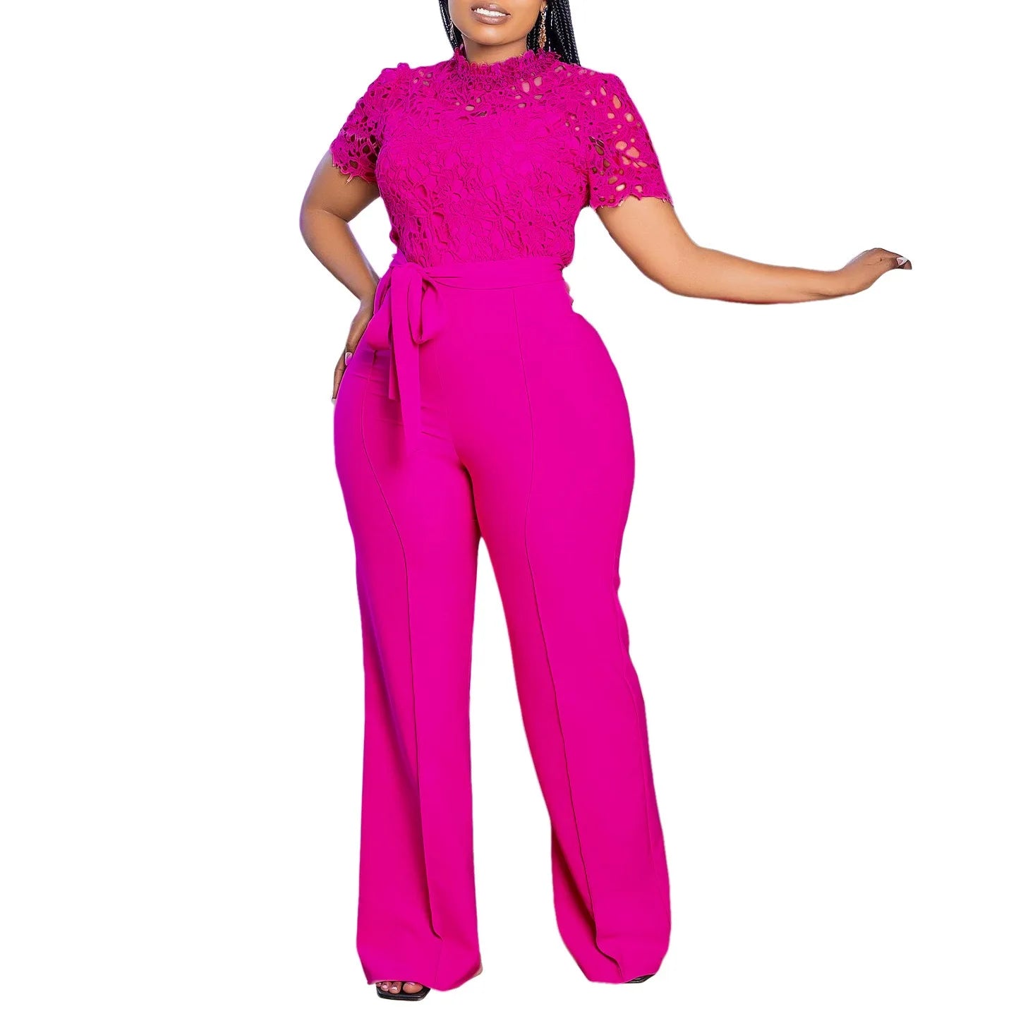 Elegant Jumpsuits & Rompers for Women O Neck Lace Patchwork Short Sleeve Sashes High Waisted Luxury Birthday Party Dinner Outfit