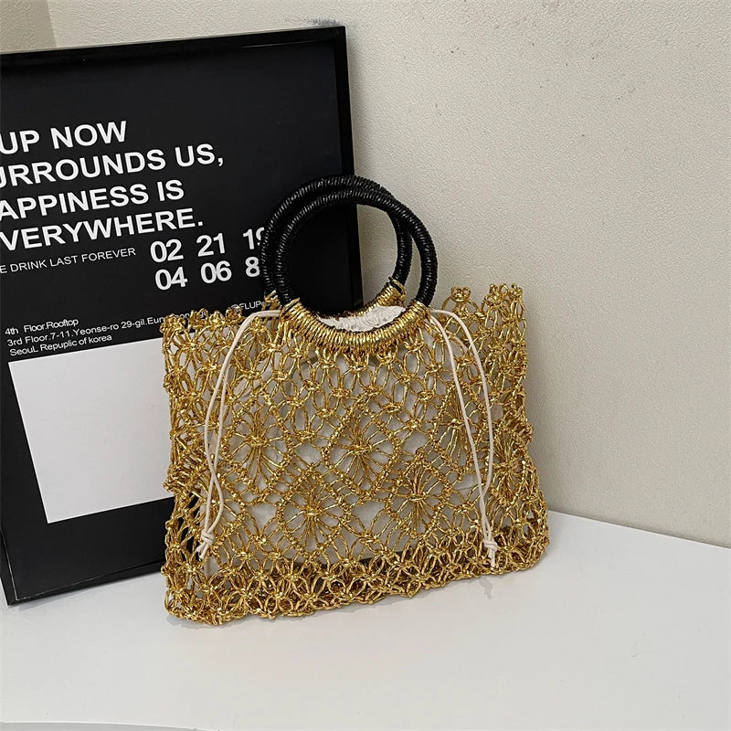 MOODS Handmade Woven Design Round Handle Handbags For Women Eco-friendly Craft Paper Hollow-out Luxury Designer Top-handle Bags