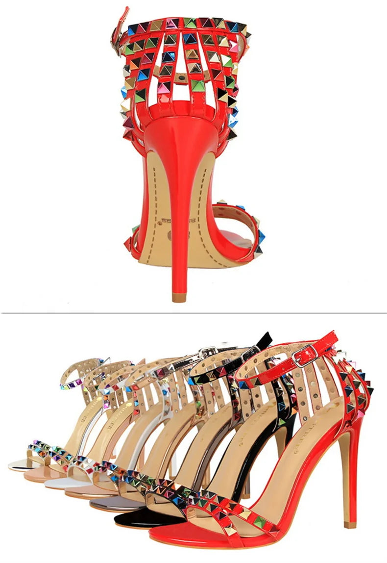 Summer Women Roman High Heels Rivets Studded Sandals Stiletto Gladiator Pumps Open Toe Luxury Shoes Hollow One-word Buckle 267-2