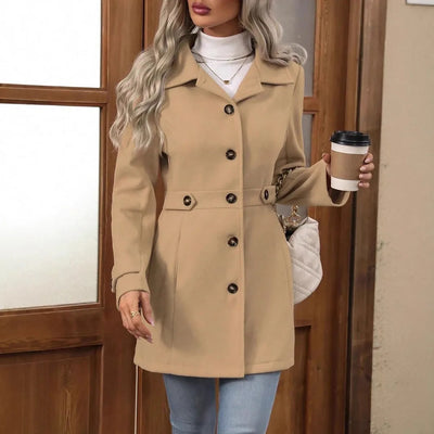 Autumn Winter New Mid-Length Elegant Woolen Coat Button Stand Collar Slim Fit Tweed Durable Fashionable Outerwear