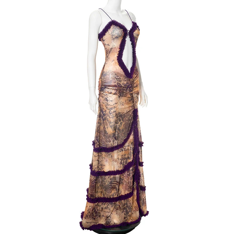 CUTENOVA Women Noble Furry Halter Sleeveless Hollow Dress Camisole Shrunk Split Wave Cut Dress Luxury Prom Occasion Evening Gown