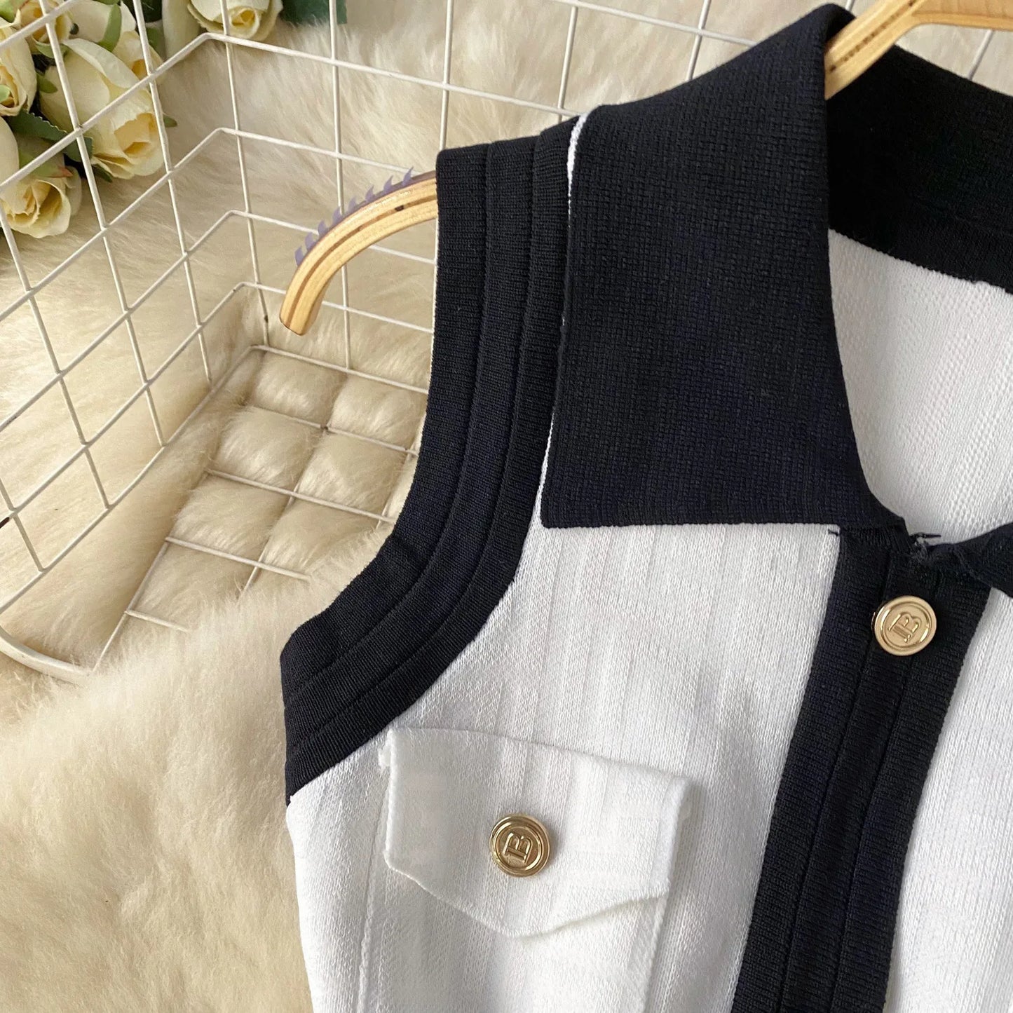 Mini Dress Women Dresses Vests Knitted Vestidos Bodycon Streetwear Polo Neck Sleeveless Single Breasted Splice Y2k Elegant Work