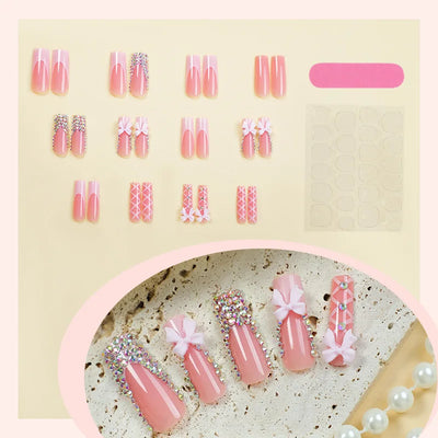 24pcs Long Ballet French Press on Nails with Cute Pink Bow Shiny Diamond Decor False Nail Tips Wearable Sweet Korean Fake Nails