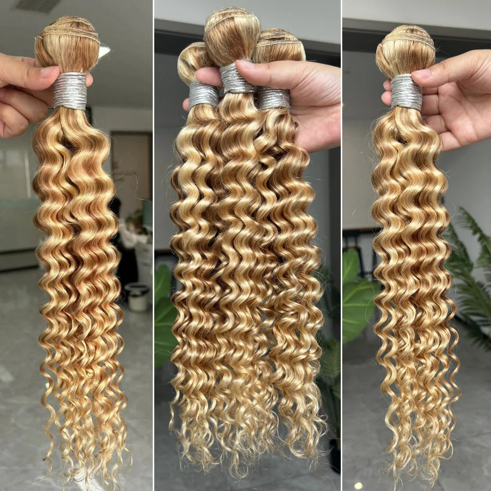 Maxine Highlight Blonde 613 Deep Wave Human Hair Bundles P27/613 Blonde Curly Weave Bundles Deep Wave Colored Bundles Human Hair