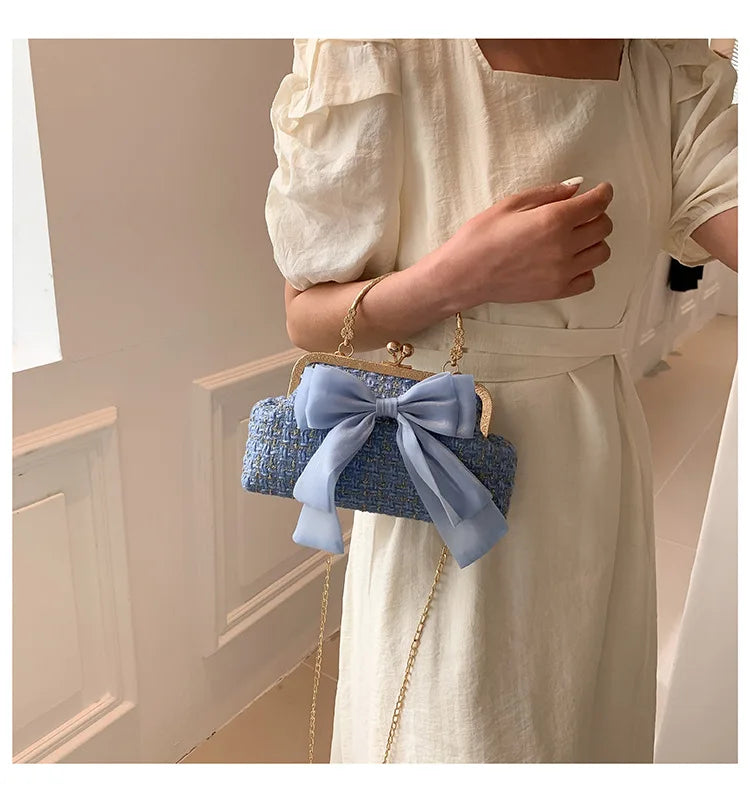 Glittering Chain Plaid Pattern Evening Bag For Women Bow Decor Shoulder Bag, Fashionable Elegant Clutch, Women‘s Crossbody Bag