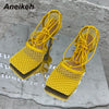 Aneikeh 2024 Summer Sexy Mesh Pumps Sandals Female Square Toe High Heel Lace Up Cross-Tied Stiletto Hollow Dress Party Shoes