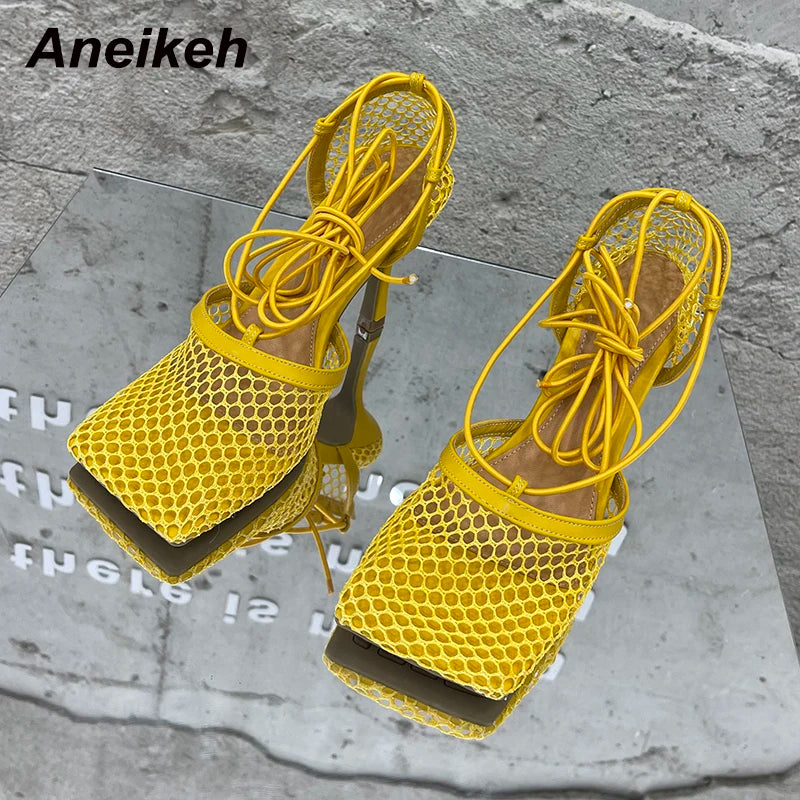 Aneikeh 2024 Summer Sexy Mesh Pumps Sandals Female Square Toe High Heel Lace Up Cross-Tied Stiletto Hollow Dress Party Shoes