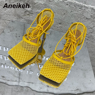 Aneikeh 2024 Summer Sexy Mesh Pumps Sandals Female Square Toe High Heel Lace Up Cross-Tied Stiletto Hollow Dress Party Shoes