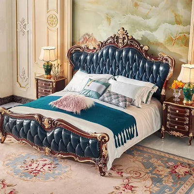 Nordic Luxury Aesthetic Bed Queen Size Cheap Cute Salon Bedroom King Bed Modern Wood Leather Camas Matrimonial Room Furniture