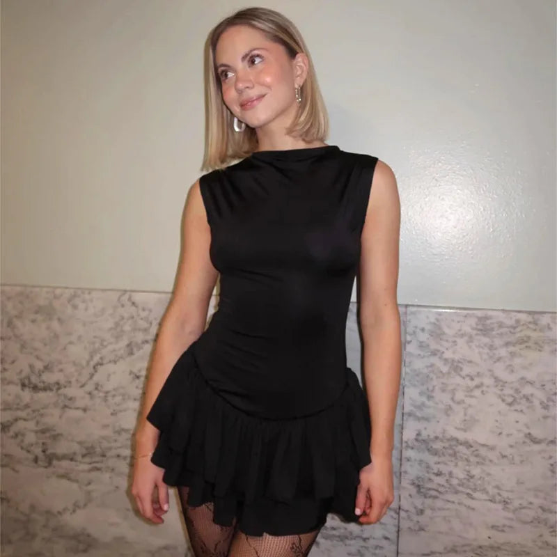 Women's Solid Pleated Short Dress Sleeveless O-neck Fashion Elegant Simple Mini Bodycon Dresses Slim Street Casual Party Holiday