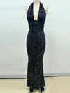 Sexy Halter Deep V Neck Sequins Maxi Dress Women Green Sleeveless Backless Sequined Slim Long Dresses Celebrity Party Gowns