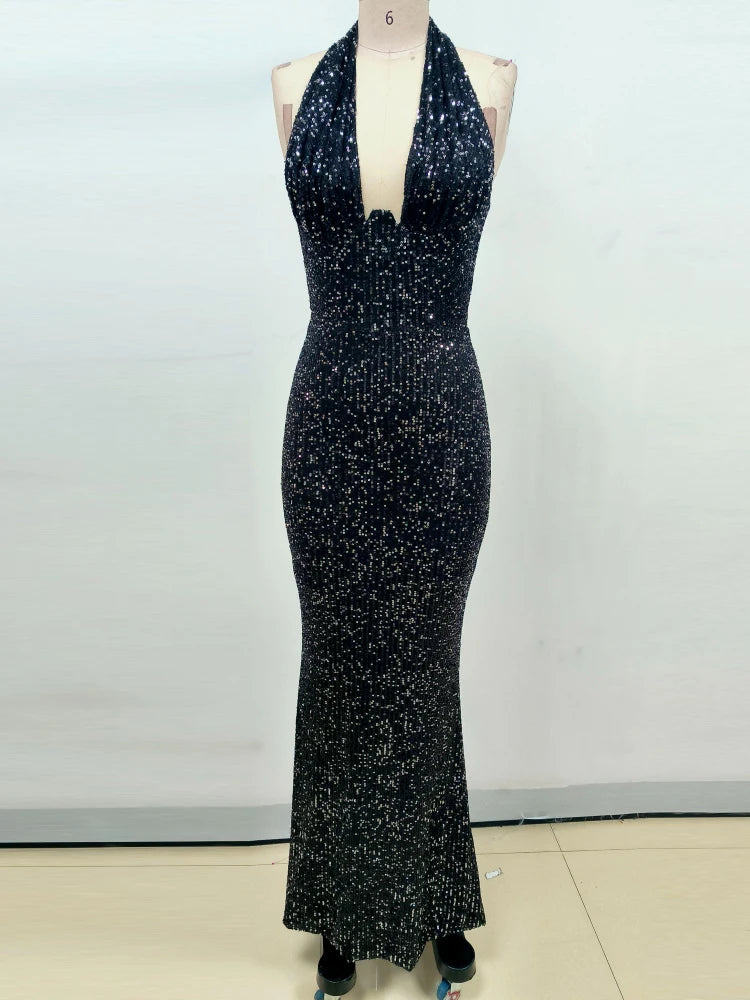 Sexy Halter Deep V Neck Sequins Maxi Dress Women Green Sleeveless Backless Sequined Slim Long Dresses Celebrity Party Gowns