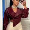 Sisterlinda Faux Leather Single Button Crop Jacket Women Autumn Trend Cross Neck Full Sleeve Wild Style Classic Streetwear Coat