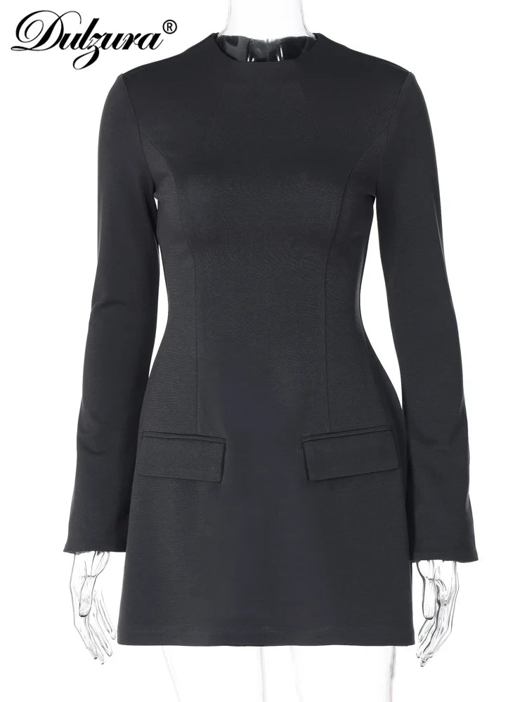 Dulzura Long Sleeves Zipper Bodycon Mini Dress With Pocket Solid Elegant Outfit Office Streetwear Women’S Autumn Winter Clothes