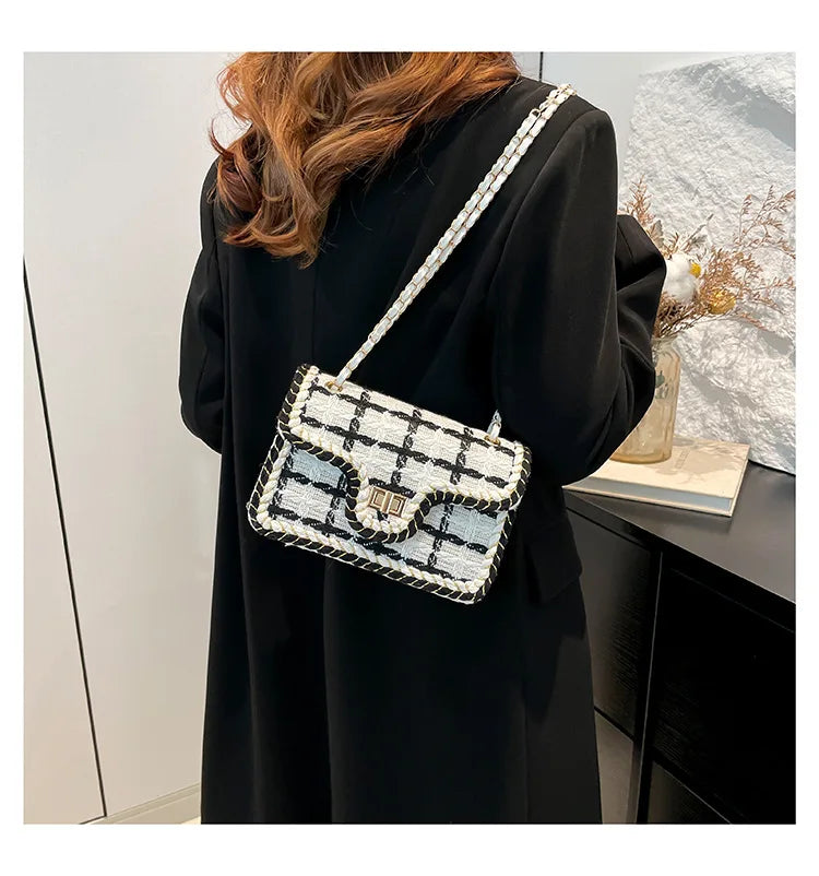 Black & White Plaid Casual Shoulder Bag Crossbody Handbag Women's Shoulder Bags Handbags With Top Handle Fashion Square Bag