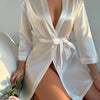 Solid Satin Night Robe Long Sleeve V Neck Robe With Belt Women's Sleepwear