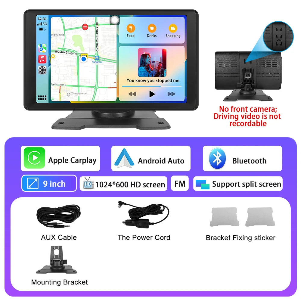 Podofo 9" Car Radio Multimedia Video Player Wireless Carplay Android Auto Car Mirror DVR Recorder Dashboard For Nissan Toyota