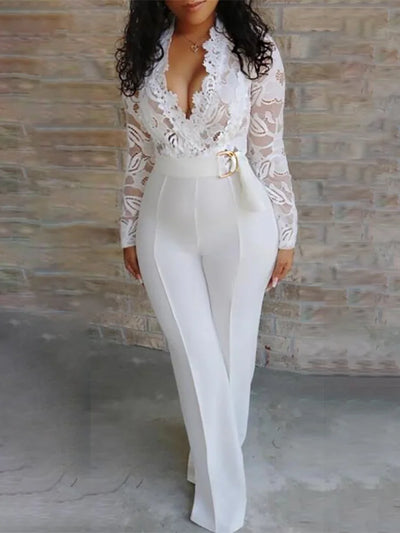 Sexy Deep V-neck Solid Jumpsuit Elegant Office Lady Hollow Lace Long Sleeved Slim Belt Jumpsuit Autumn Commuting Women Clothing