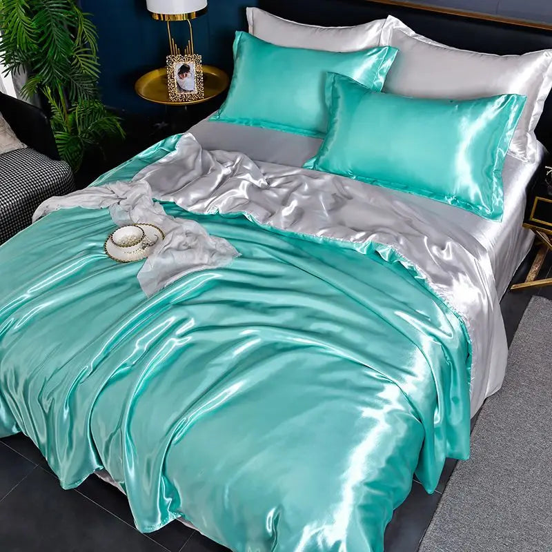 Nordic Satin Silk Bedding Set with Duvet Cover Bed Sheet Pillowcases Luxury Solid Single Double Couple Pillow Case Bedsheet