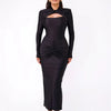 Mozision Hollow Out Long Sleeve Sexy Maxi Dress For Women Gown Autumn Winter New Metal Buckle Ruched Slit Long Dress Elegant