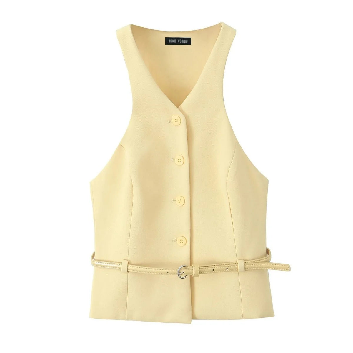 TRAFZA Women Fashion Suit Yellow V-Neck Sleeveless Belt Sngle Breasted Tops+High Waist Pocket Belt Long Skirts Female Summer Set