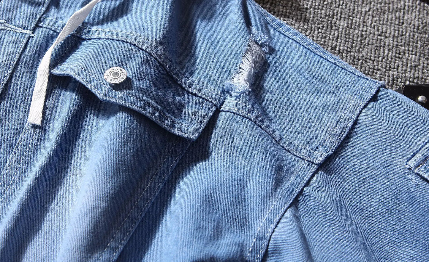 Autumn New Men's Fashionable Casual Street Hip-hop Denim Jacket Fake Two-piece Hooded Single Breasted Slim Fit Denim Jacket