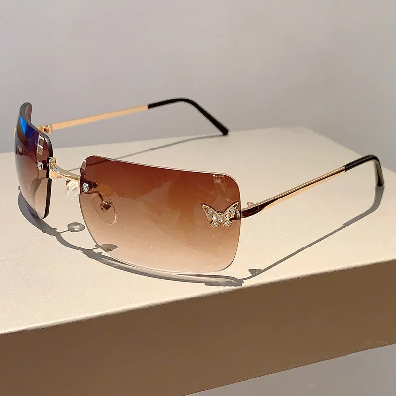 Y2K Luxury Brand Designer Rimless Square Sunglasses Women For Female Trendy Sun Glasses Diamond Butterfly Pink Punk Shades UV400