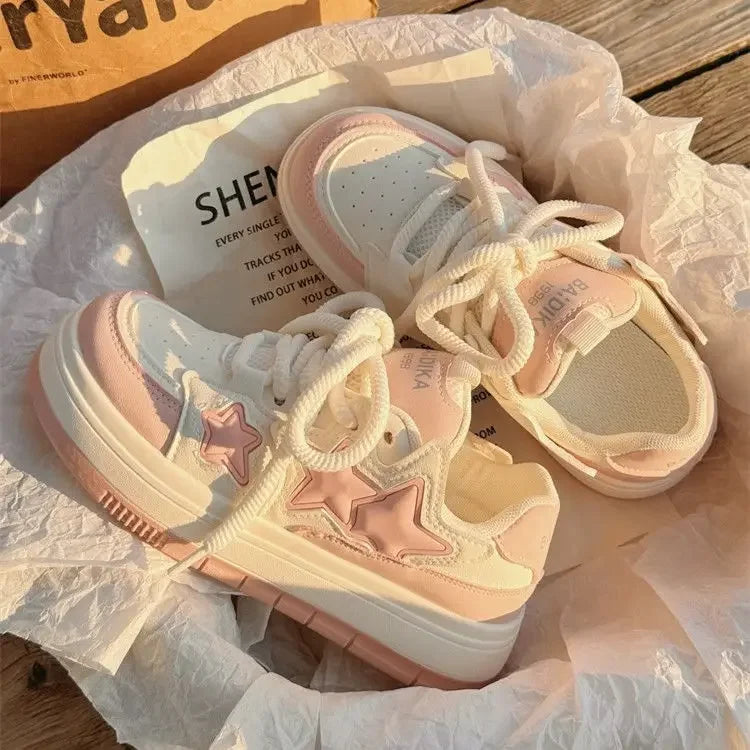 2024 New Korean Shoes Kawaii Pink Platform Sneakers Women Vintage Vulcanize Spring Summer Casual Tennis Female Flats Footwear