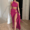Ladies Spring 2 Pieces Sleeveless Backless Strap Spit Crop Top Side Slit Slim Fit Maxi Skirt Set Women Evening Party Clubwear