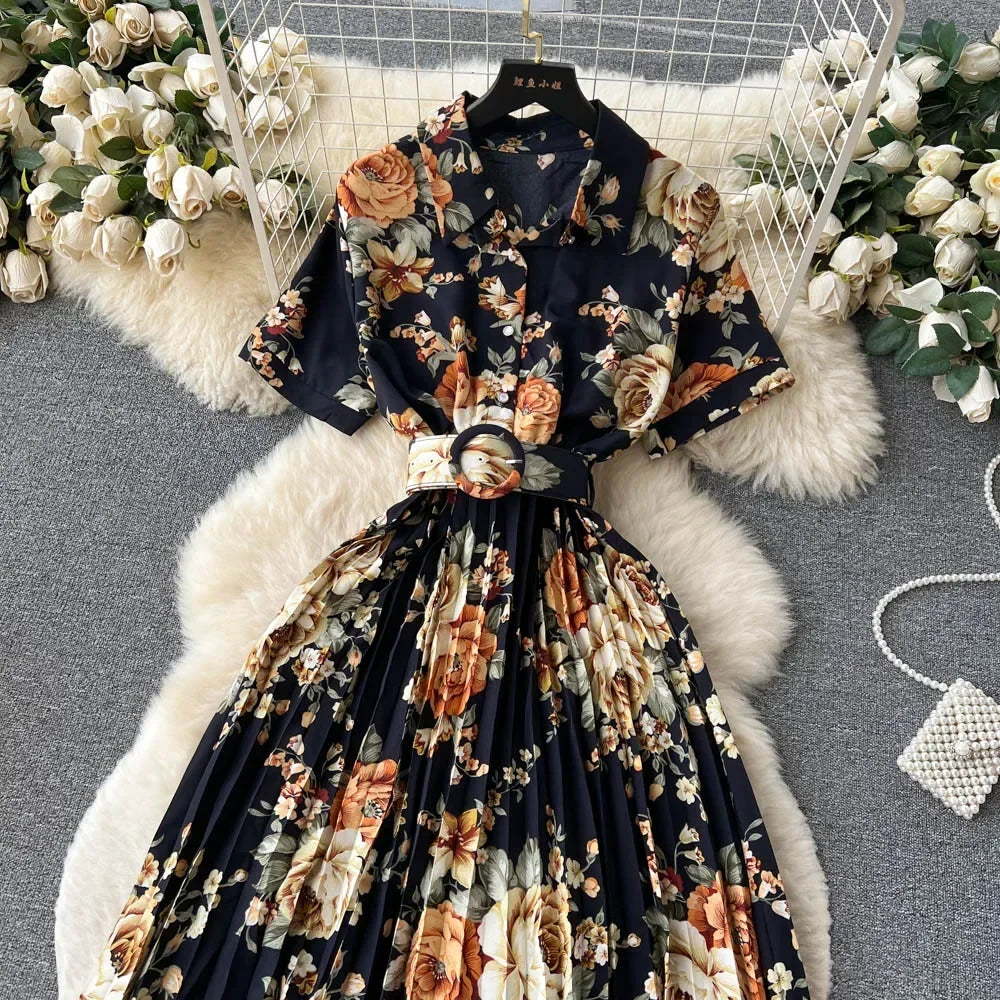 2024 Summer Women Floral Pleated Dress Vintage Turn-Down Collar Short Sleeve Single Breasted Printed Draped Midi Vestidos New