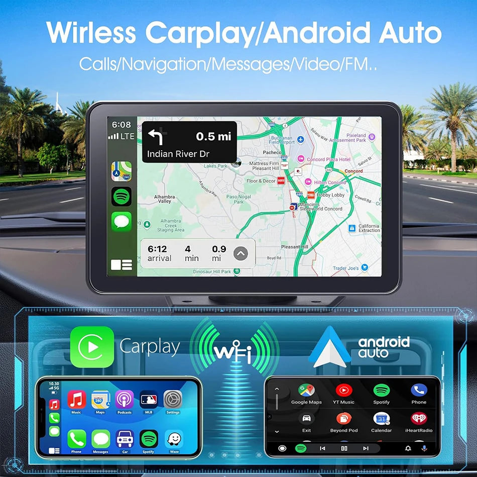 Jansite 7" Car DVR 2.5K Dash cam Wireless Carplay Android Auto Front and Rear Camera Dashboard Driving Recorder Dual Lens Wifi