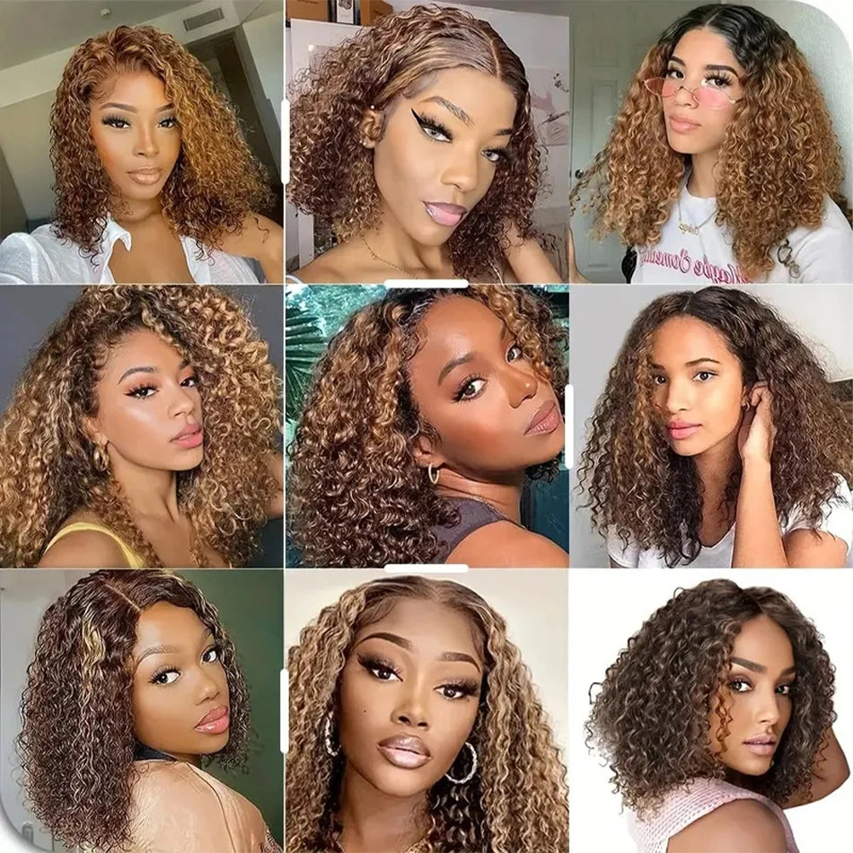 4/27 Deep Water Wave Short Bob Wigs Highlight Curly 13x4 Lace Front Wig Brazilian 100% Real Human Hair Wig Ombre Brown Short Wig