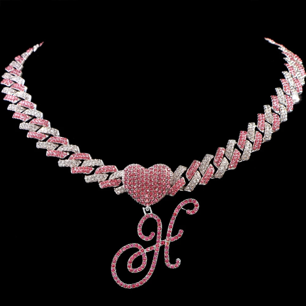 Hip Hop Bling Pink Crystal Cursive Initial Letter Cuban Necklace for Women Iced Out Paved Cuban Chain Necklace Choker Jewelry