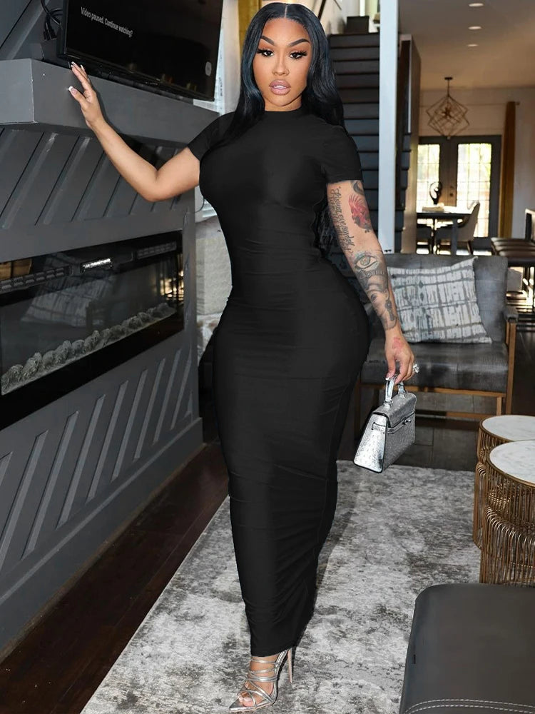 Hugcitar Pure Color O Neck Short Sleeve Slit Sexy Bodycon Slim Maxi Prom Dress 2024 Summer Women Elegant Party Festival Clothes