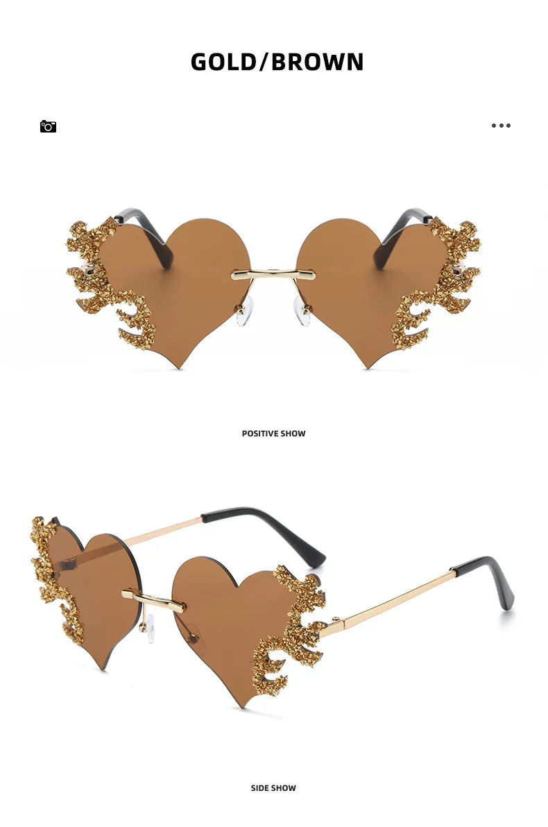 Rimless Sunglasses Women Luxury Brand Rhinestone Sun Glasses Ladies Cute Heart Shape Punk Party Eyewear очки від сонця женские