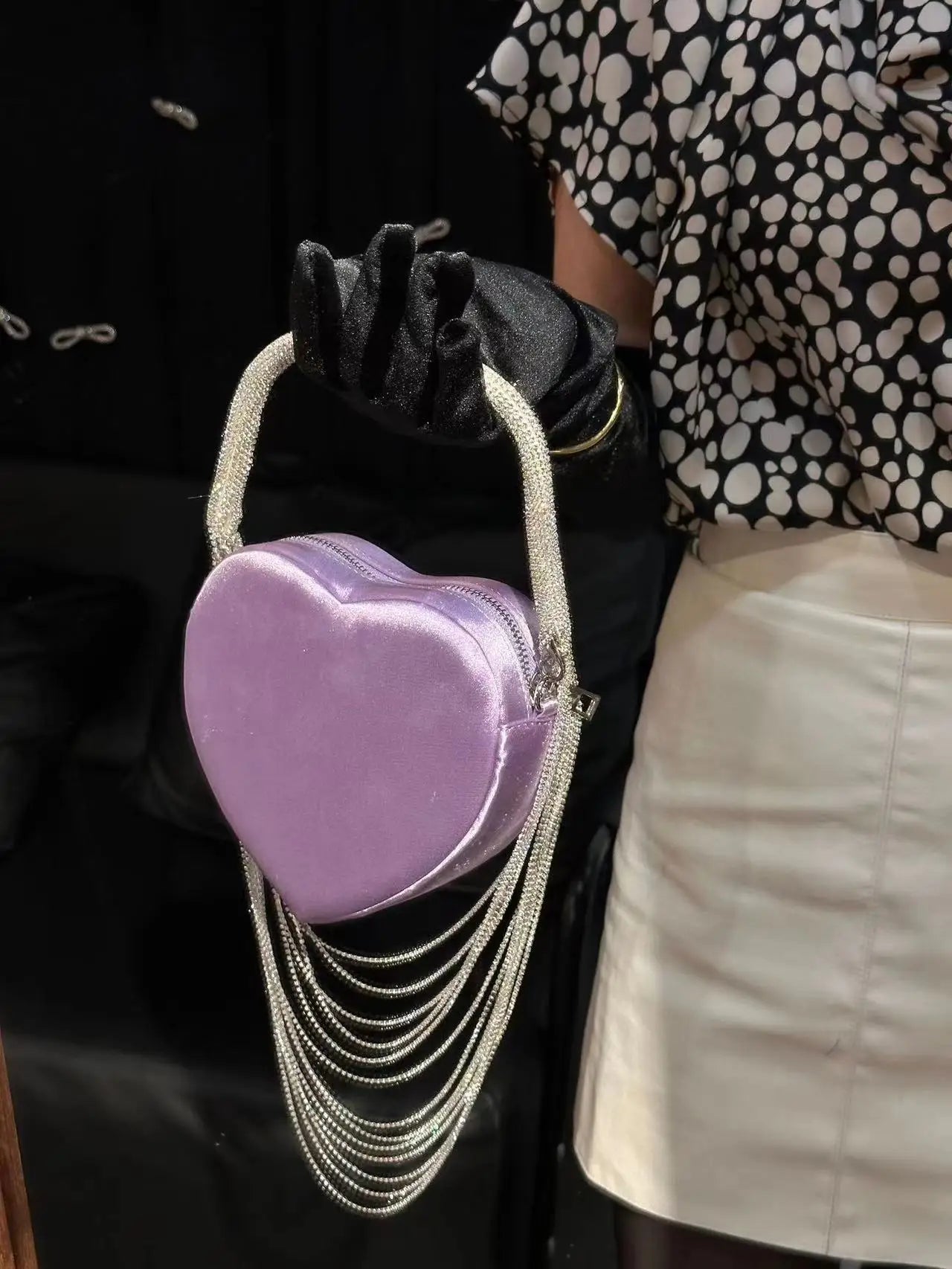 Bling Tassel Heart-shape Satin Bag Glitter Rhinestone Diamond Evening Bag Women Handbag Wedding Party Clutch Purse Crossbody Bag
