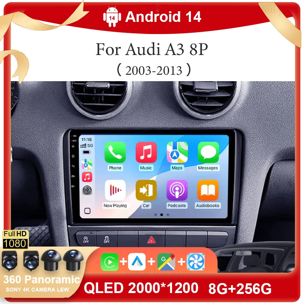 For Audi A3 8P 2003-2013 Android 14 RS3 Sportback 2Din CAR Multimedia Carplay Video Player Stereo Radio WIFI 4G DSP Navigation