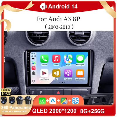 For Audi A3 8P 2003-2013 Android 14 RS3 Sportback 2Din CAR Multimedia Carplay Video Player Stereo Radio WIFI 4G DSP Navigation